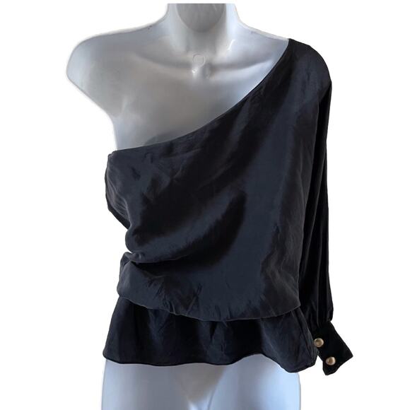 Karina Grimaldi Black Silk One Shoulder Peplum Top size S Small - Picture 2 of 3
